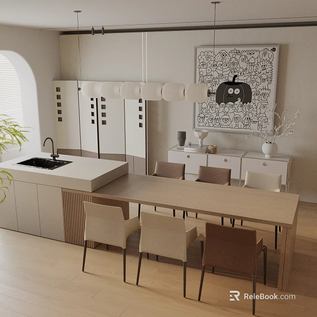 Modern Dining Table Set With Beige Brown Chairs And Kitchen Island In Light Interior 3d model