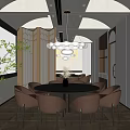 Elegant Modern Private Dining Room Interior With Round Table Pendant Lights And Metallic Walls 3d model