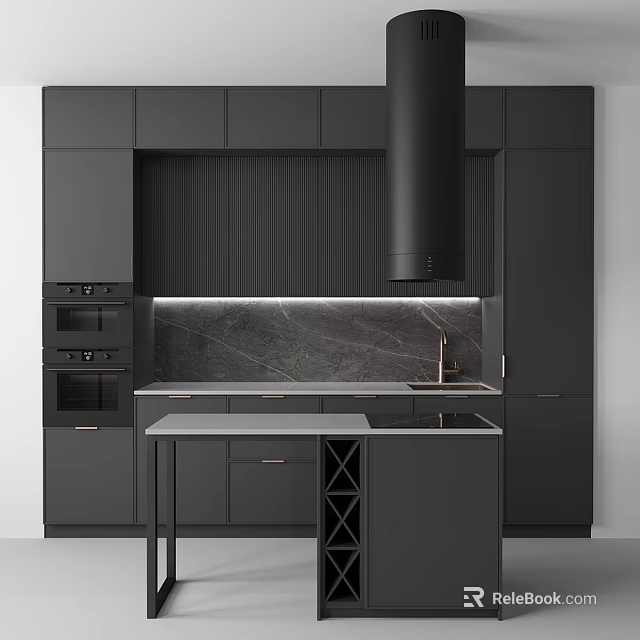 Modern Kitchen Interior With Black Cabinets Marble Countertop Range Hood And Island 3d model 