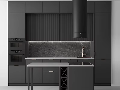 Modern Kitchen Interior With Black Cabinets Marble Countertop Range Hood And Island 3d model