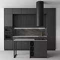 Modern Kitchen Interior With Black Cabinets Marble Countertop Range Hood And Island
