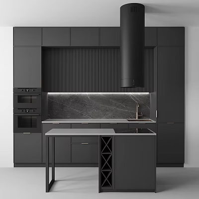 Modern Kitchen Interior With Black Cabinets Marble Countertop Range Hood And Island 3d model