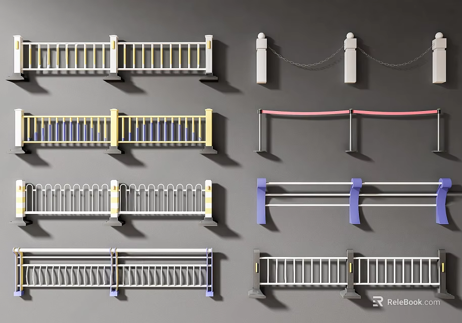 Fence Railings Featuring Various Colorful Designs and Decorative Chains 3d model 