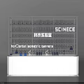 Medical Exhibition Hall with Glass Display Cabinet Blue Instruments White Counter and SCIENCE Signage