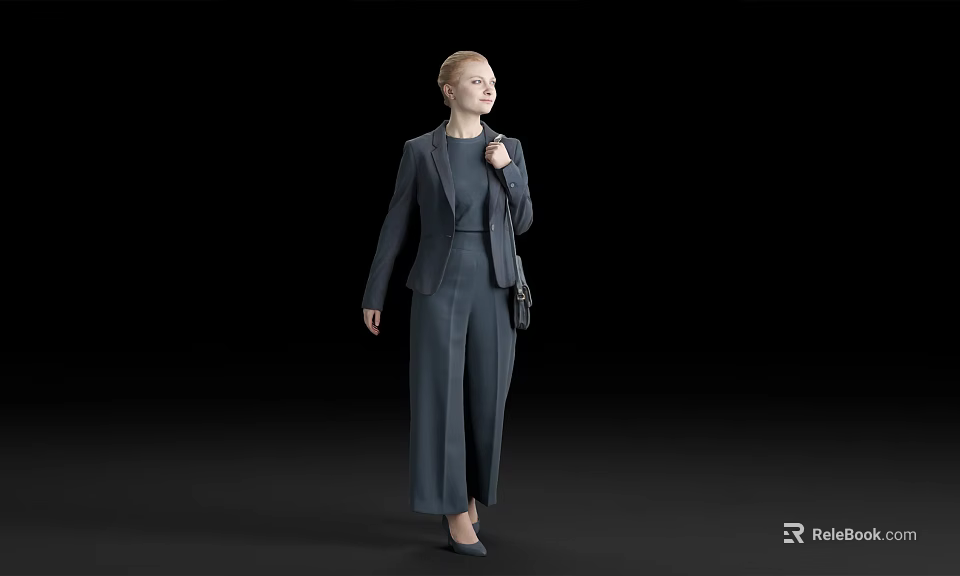 A woman in dark suit with blonde hair carrying small bag standing against black background 3d model 