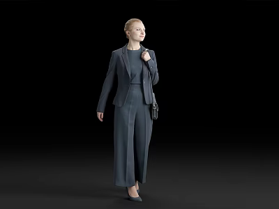 A woman in dark suit with blonde hair carrying small bag standing against black background 3d model