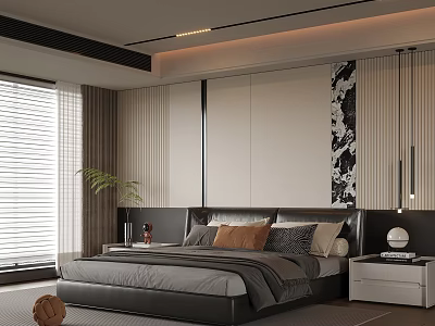 Modern Bedroom Interior Design With Black Bed Headboard Pillows Nightstand And Wall Art 3d model