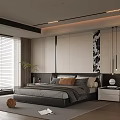Modern Bedroom Interior Design With Black Bed Headboard Pillows Nightstand And Wall Art