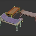Wooden Table And Benches Set With Gold Legs Purple Gray Striped Cushions