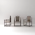 Three Chinese Style Armchairs With Wooden Frame Woven Backrest And Light Colored Seat