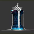 Cartoon Style Magical Tower With Blue Glowing Lights And White Energy Lines