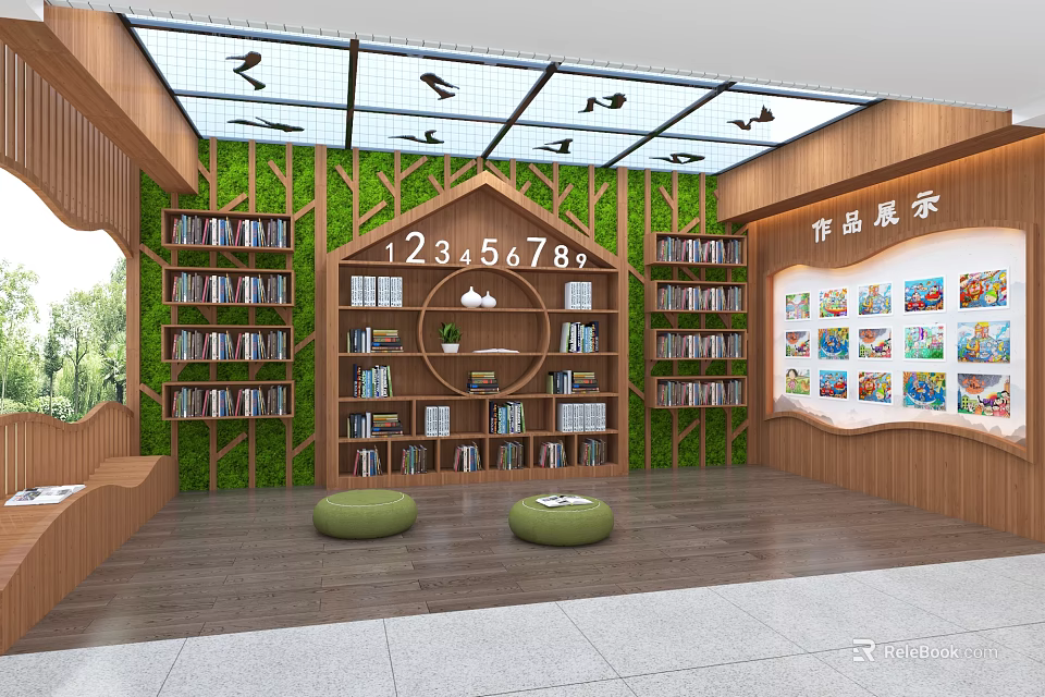 Cozy Leisure Area With Wooden Bookshelves Green Plant Wall Circular Display And Glass Skylight 3d model 