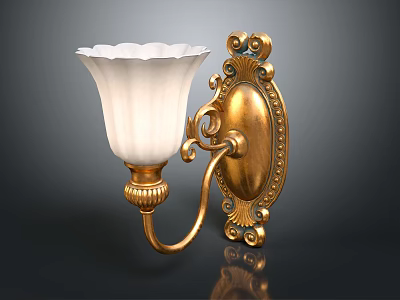 Ornate Gold Wall Lamp With White Petal Shaped Shade And Decorative Patterns 3d model