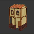 Cartoon Two Story House Scene With Red Tiled Roof Yellow Walls Windows And Brown Base
