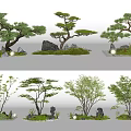 Miniature Landscape Arrangement With Diverse Trees Stone Decor And Moss Elements 3d model