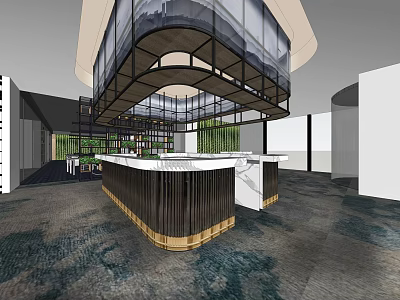 Modern Lounge Area Interior With Marble Counter Green Plants Suspended Ceiling And Glass Walls 3d model
