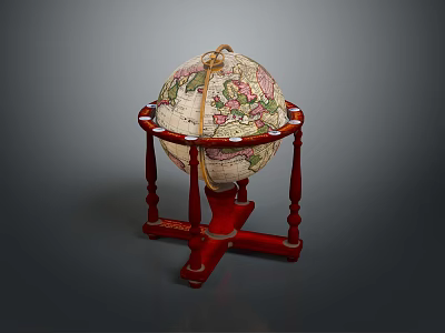 Vintage Red Wooden Globe Stand With Floral Pattern Decorative Furniture Piece 3d model
