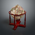 Vintage Red Wooden Globe Stand With Floral Pattern Decorative Furniture Piece