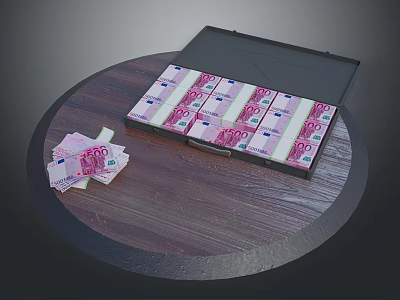 Decorative Ornament Set With Box And Euro Banknote Models On Wooden Table 3d model