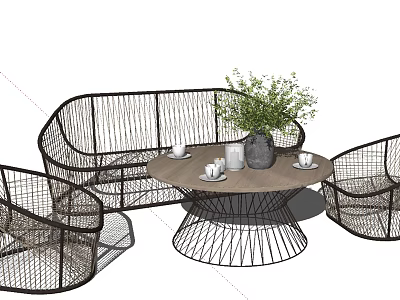 Outdoor Woven Rattan Sofa Set with Round Coffee Table and Potted Plant 3d model