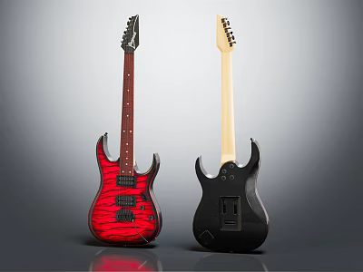 Two Stylish Electric Guitars With Red Flame Pattern And Black Body Design 3d model