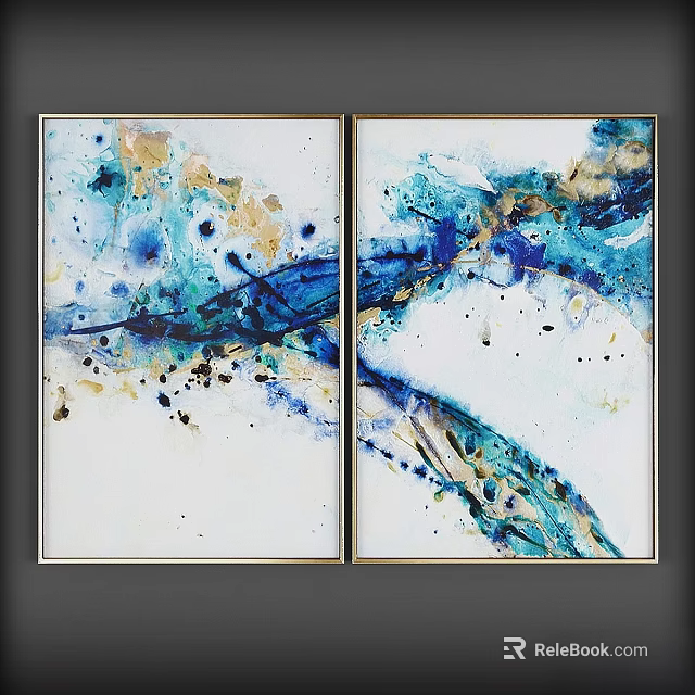 Modern Gold Frame Abstract Wall Art With Blue Gold White Paintings For Home Decor 3d model 