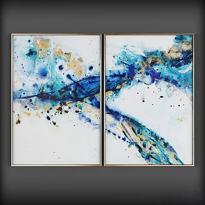 Modern Gold Frame Abstract Wall Art With Blue Gold White Paintings For Home Decor 3d model