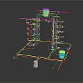 Industrial Metal Frame Structure with Pipes Blue Barrels and White Components