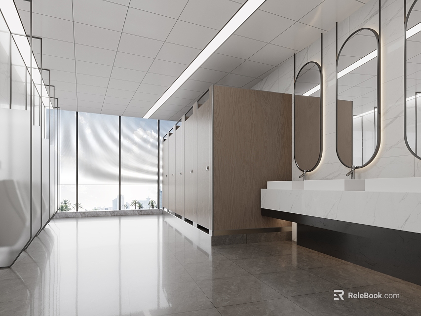 Modern Public Restroom Interior With Sinks Large Windows And Wooden Stalls 3d model 