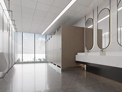 Modern Public Restroom Interior With Sinks Large Windows And Wooden Stalls 3d model