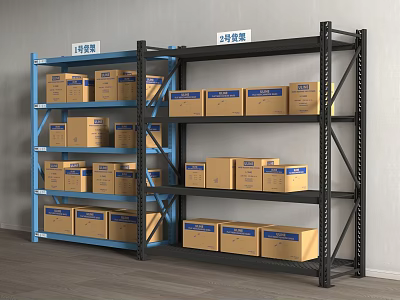 Blue And Black Metal Storage Shelves With Labeled Cardboard Boxes And Numbered Racks 3d model