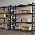 Blue And Black Metal Storage Shelves With Labeled Cardboard Boxes And Numbered Racks