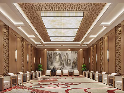 Chinese Style Hotel Public Lounge With Landscape Painting Wooden Decor Sofas And Carpets 3d model
