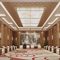 Chinese Style Hotel Public Lounge With Landscape Painting Wooden Decor Sofas And Carpets