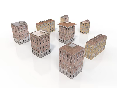 Vintage Multi Story Building Models Featuring Colorful Facades And Red Roofs 3d model