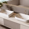 Elegant Modern Bathroom Interior With Square And Oval White Washbasins On Marble Countertop