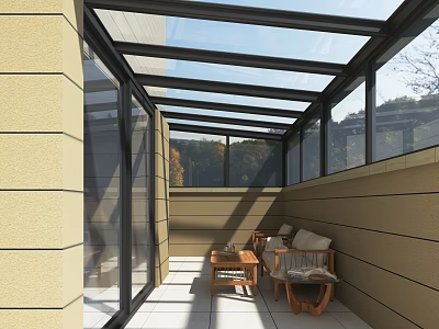 Villa Balcony Design With Glass Roof Large Windows Natural Light And Wooden Furniture 3d model