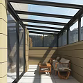 Villa Balcony Design With Glass Roof Large Windows Natural Light And Wooden Furniture