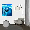Light Colored Single Sofa With Floor Lamp Surf Painting And White Curtains