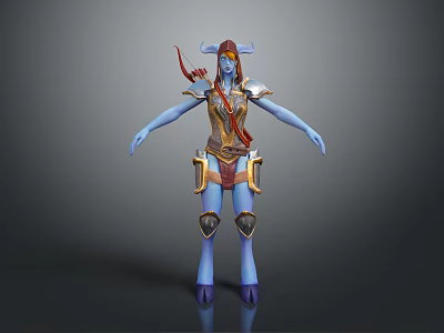 Blue Skinned Female Horned Game Character with Golden Armor and Red Bow 3d model
