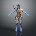 Blue Skinned Female Horned Game Character with Golden Armor and Red Bow