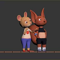 Cartoon Game Characters Rabbit and Fox in Maple Leaf Shirt Black Vest on Wooden Platform