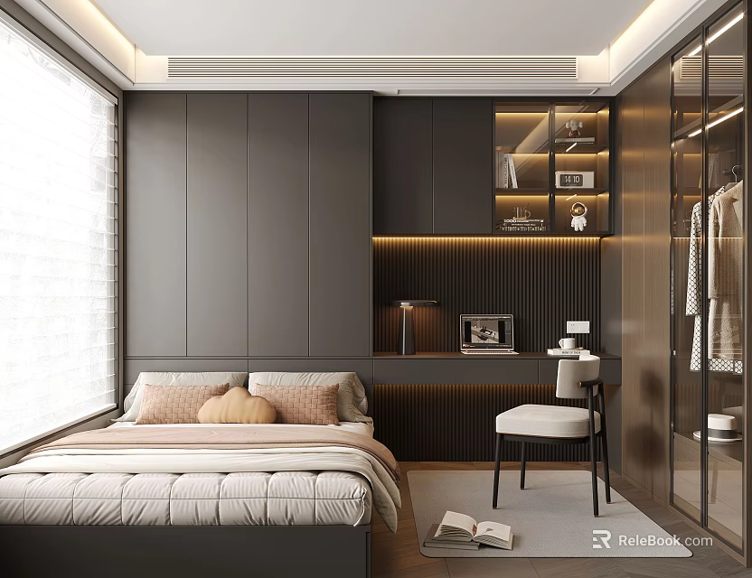 Modern Tatami Bedroom Interior Design With Built in Storage Work Desk And Wardrobe 3d model 
