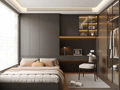 Modern Tatami Bedroom Interior Design With Built in Storage Work Desk And Wardrobe 3d model