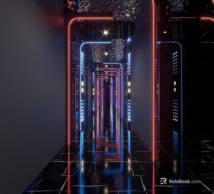 Stunning KTV Corridor With Modern Neon Lights Reflective Floor And Stylish Design 3d model 