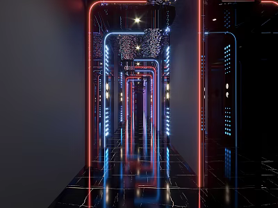 Stunning KTV Corridor With Modern Neon Lights Reflective Floor And Stylish Design 3d model