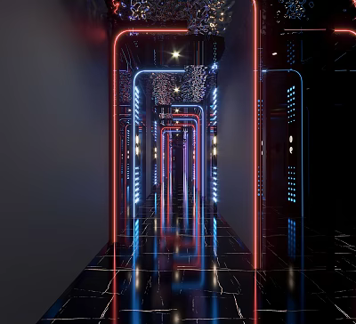 Stunning KTV Corridor With Modern Neon Lights Reflective Floor And Stylish Design 3d model