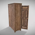 Rustic Wooden Wardrobe Interior With Open Doors Shelves Folded Towels Copper Containers And Mirror