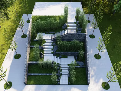 Stone Stairs in Outdoor Landscaped Garden with Greenery Trees Grass and Open Space 3d model