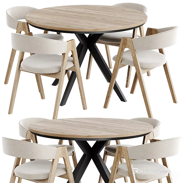 Modern Wooden Circular Dining Table Set With Light Cushioned Chairs And Sturdy Frame 3d model